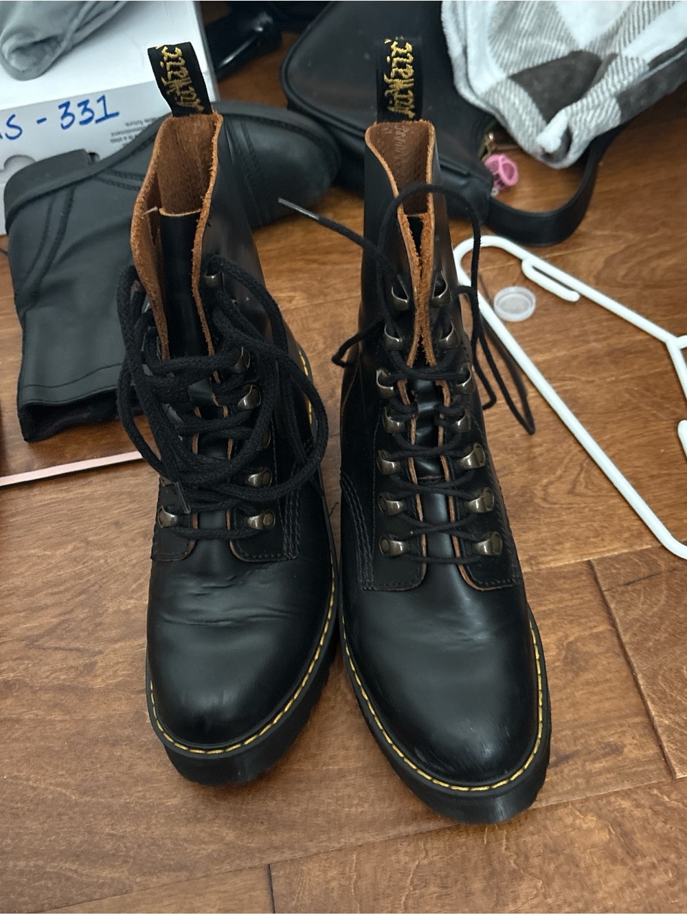 Dr. Martens Black Leather Lace-Up Boots with Yellow Stitching